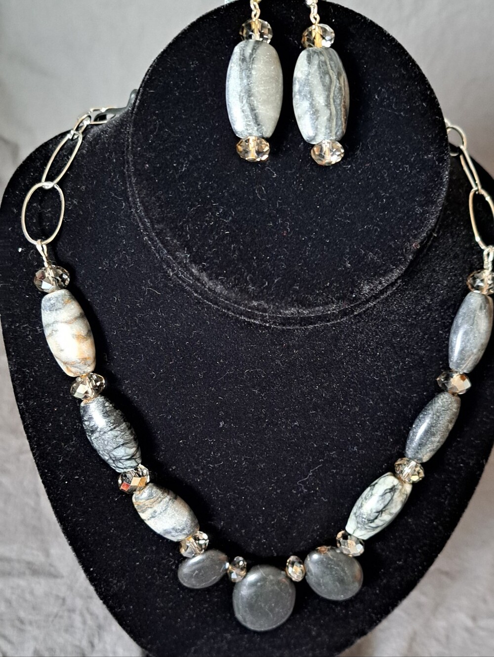 Gray And Black Stone Bead Necklace and Earring Set - Women Jewelry
